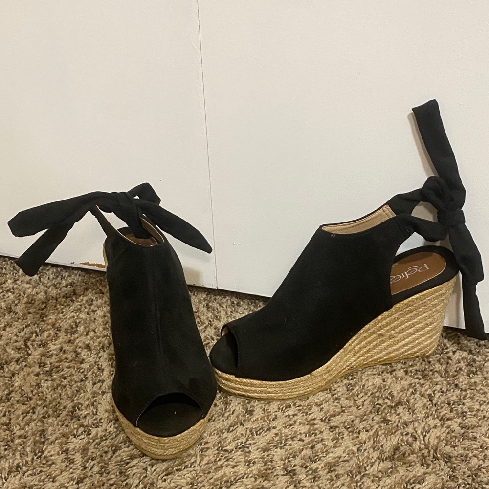 Black Wedge Sandals with Bow Detail